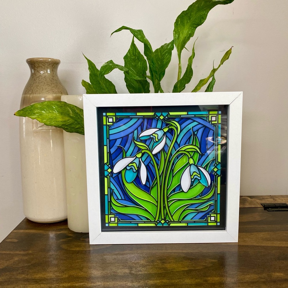 3D Stained Glass Snowdrops Shadowbox